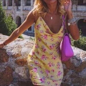 NWT Zara Satin Cowl neck Yellow mini Dress with Pink roses